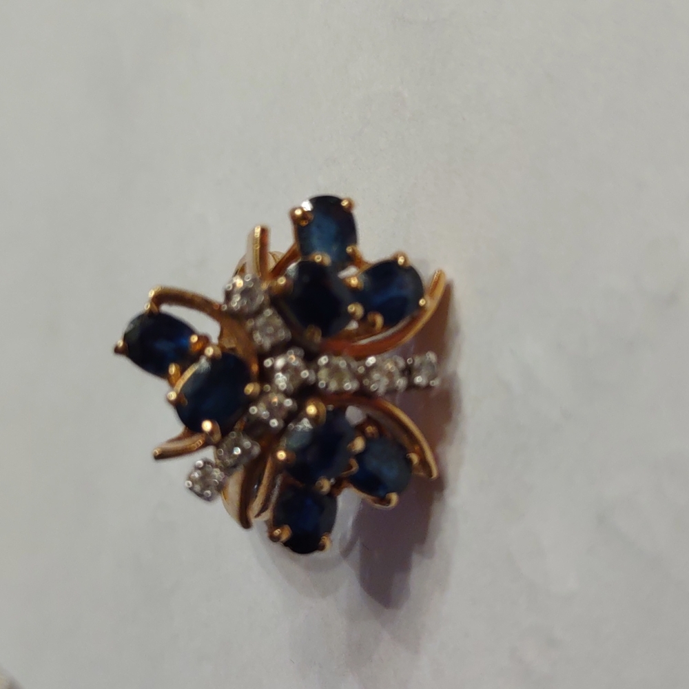Blue sapphire diamond ring 14 kt yellow gold Butterfly Clover Flower - Picture 6 of 12
